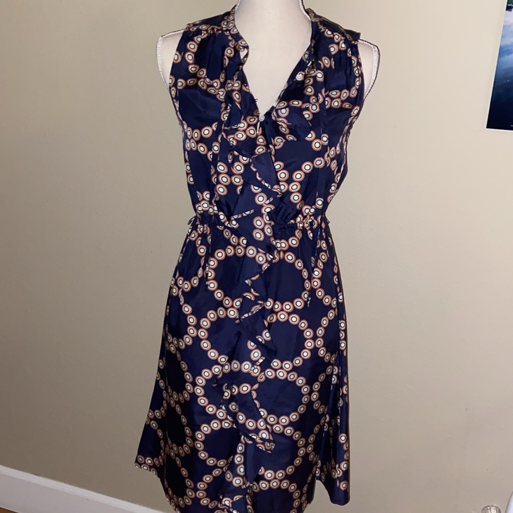SILK Anthropologie LiL Dress Polka Dots Old Money Ruffle Bodice Geometric Circle